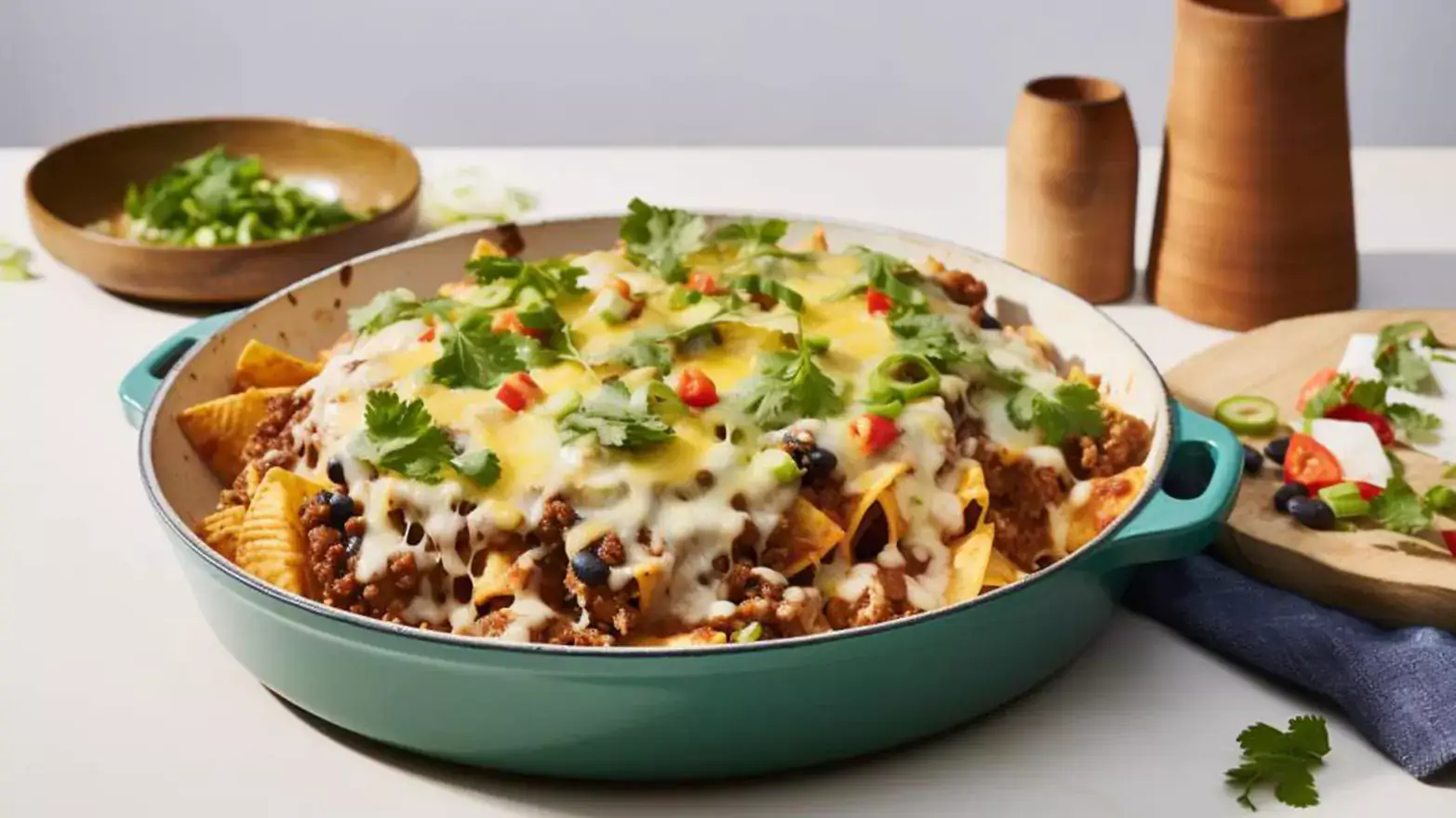 Teal casserole pot holding tortilla chips, beans melted cheese and cilantro in front of two serving bowls