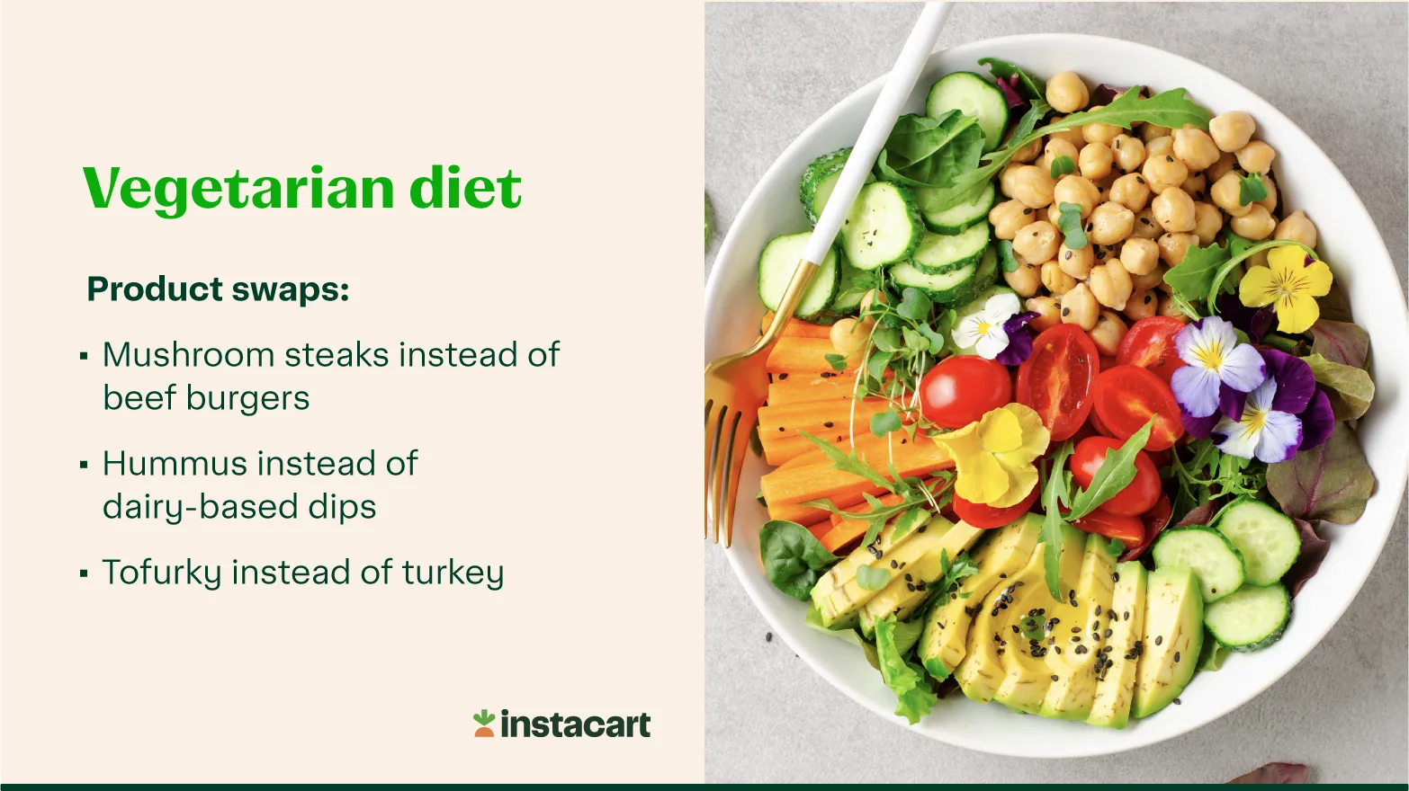 A photo of a white bowl of chickpeas, cucumber, carrots, avocado, grape tomato halves, greens and pansy blossoms with a gold metal and white handled fork.