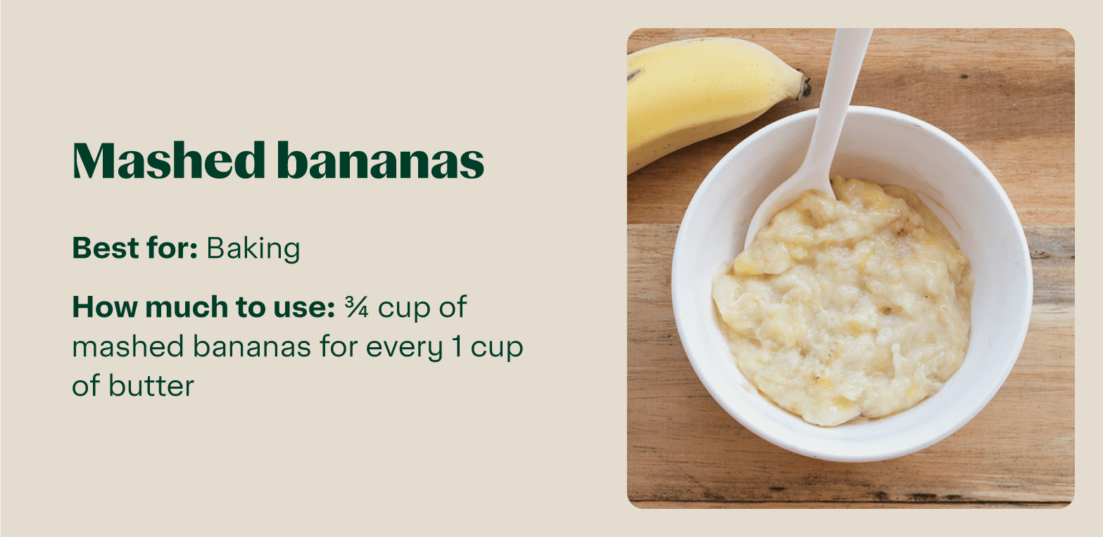 Mashed bananas in a bowl, suitable for baking as a butter substitute.