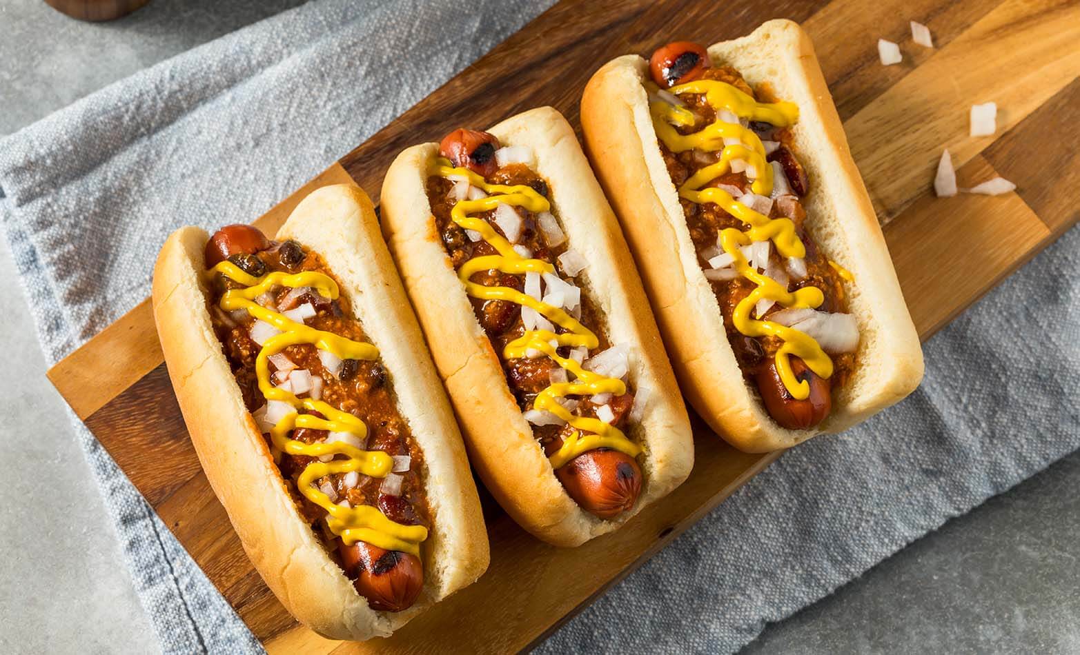 three chili dogs