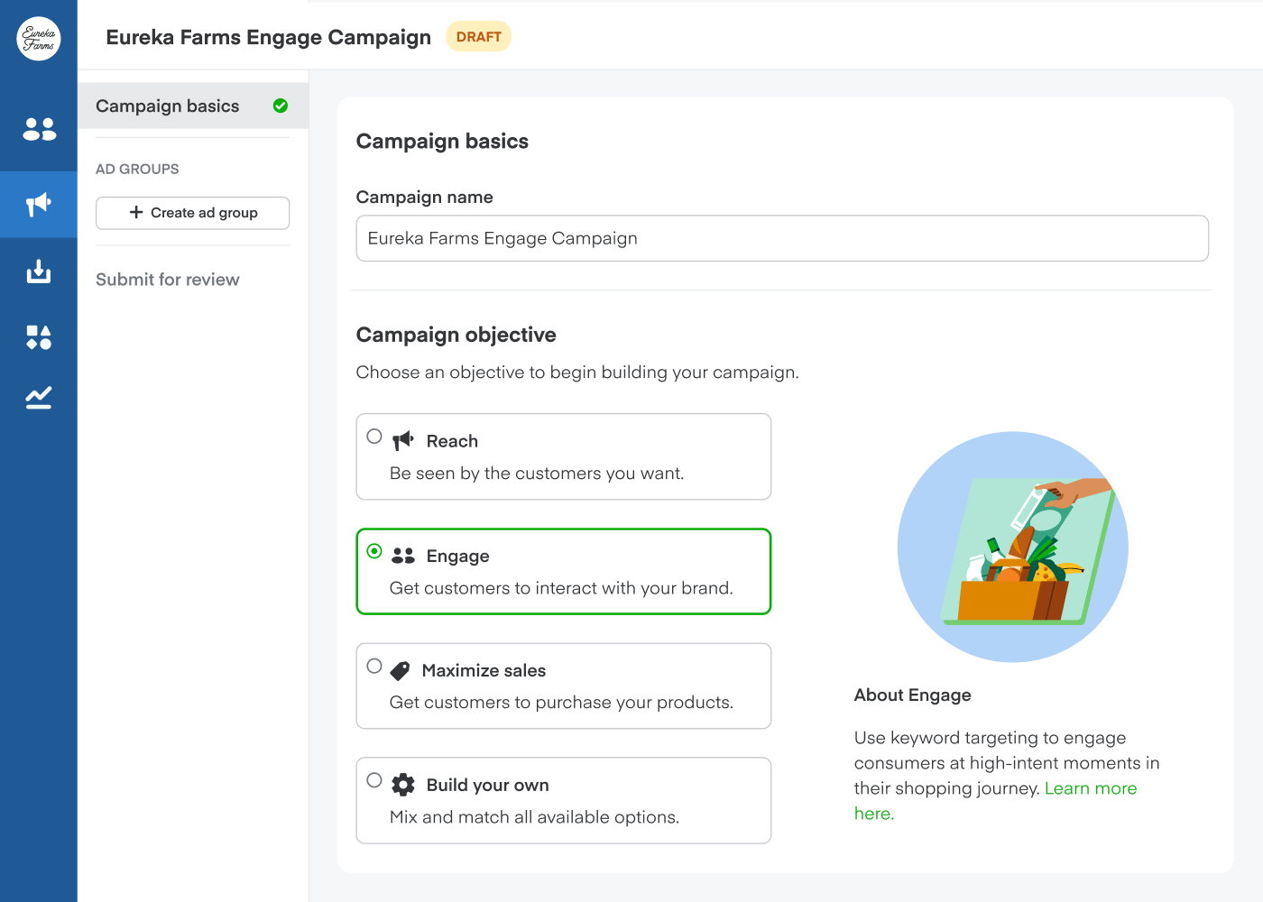 An image showing Ads Manager with the user creating a new campaign. They are prompted to select an objective either Reach Engage or Maximize sales