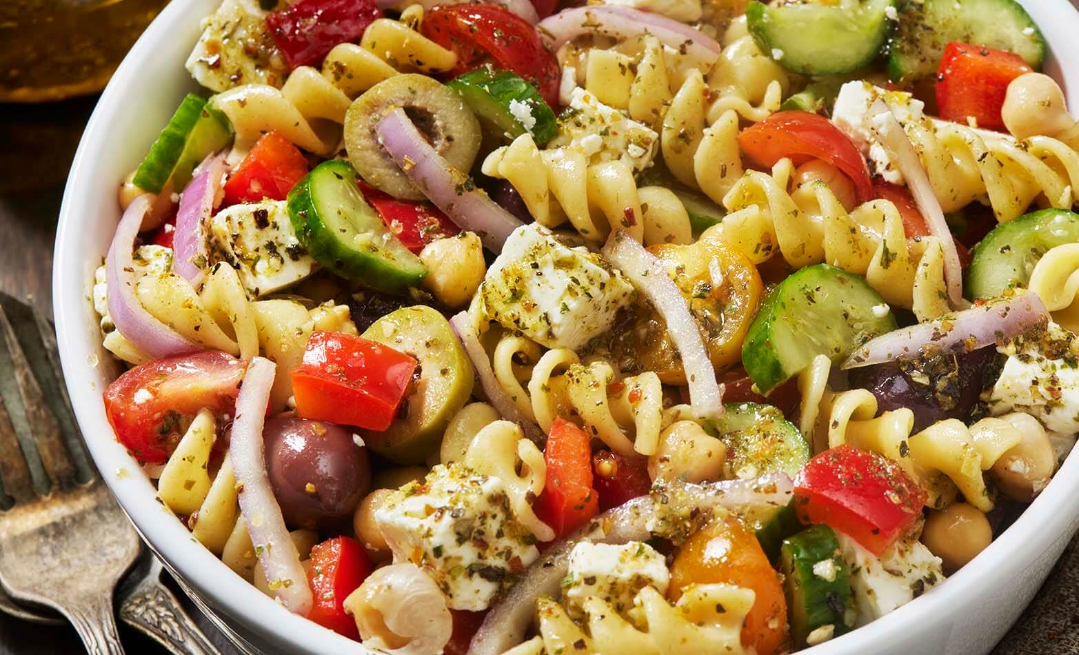 a bowl of pasta salad