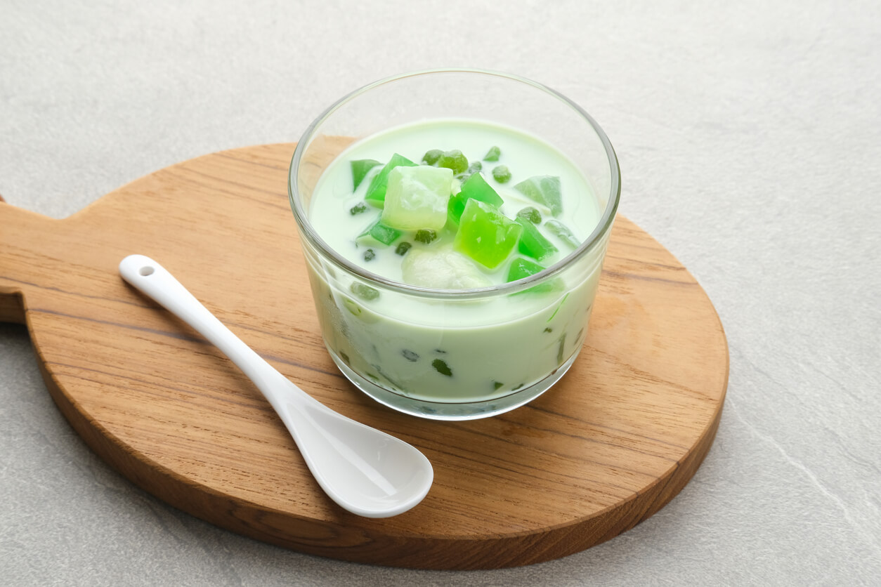 Buko Pandan, a dessert from Philippines, made from jelly, young coconut, evaporated milk, sweetened condensed milk, and ice.