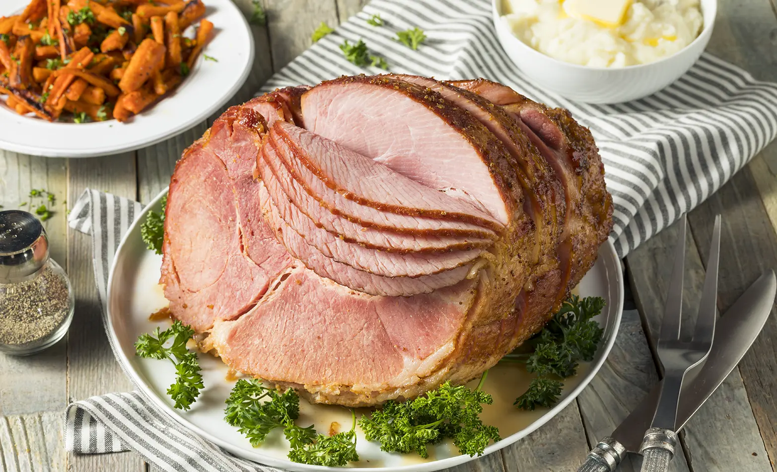 Pressure-cooked glazed ham plated