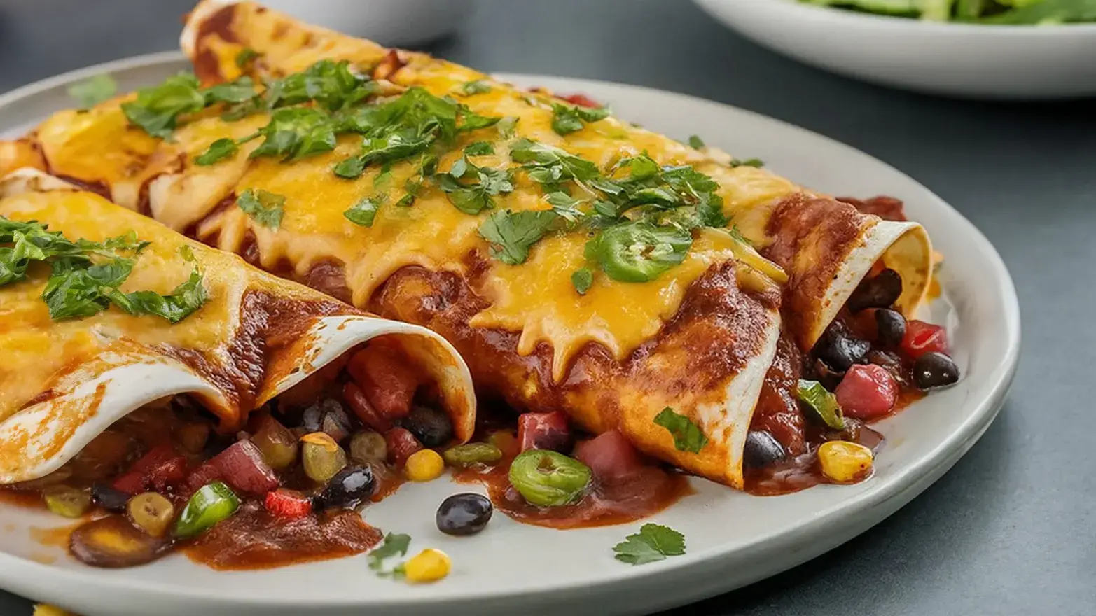 Plate of loaded veggie enchiladas to celebrate a birthday.