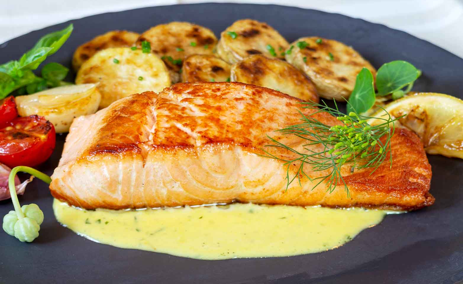 Stock image of lemon butter salmon