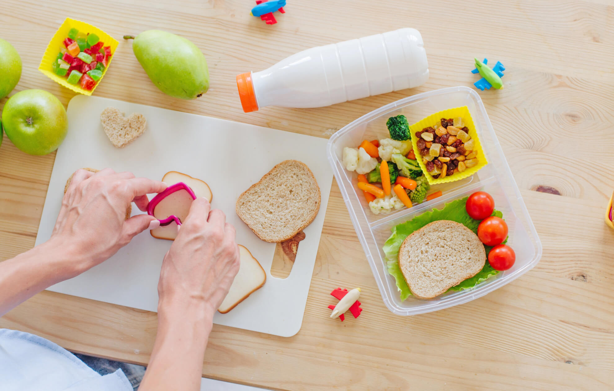 Closeup of hands preparing sandwich for lunch box