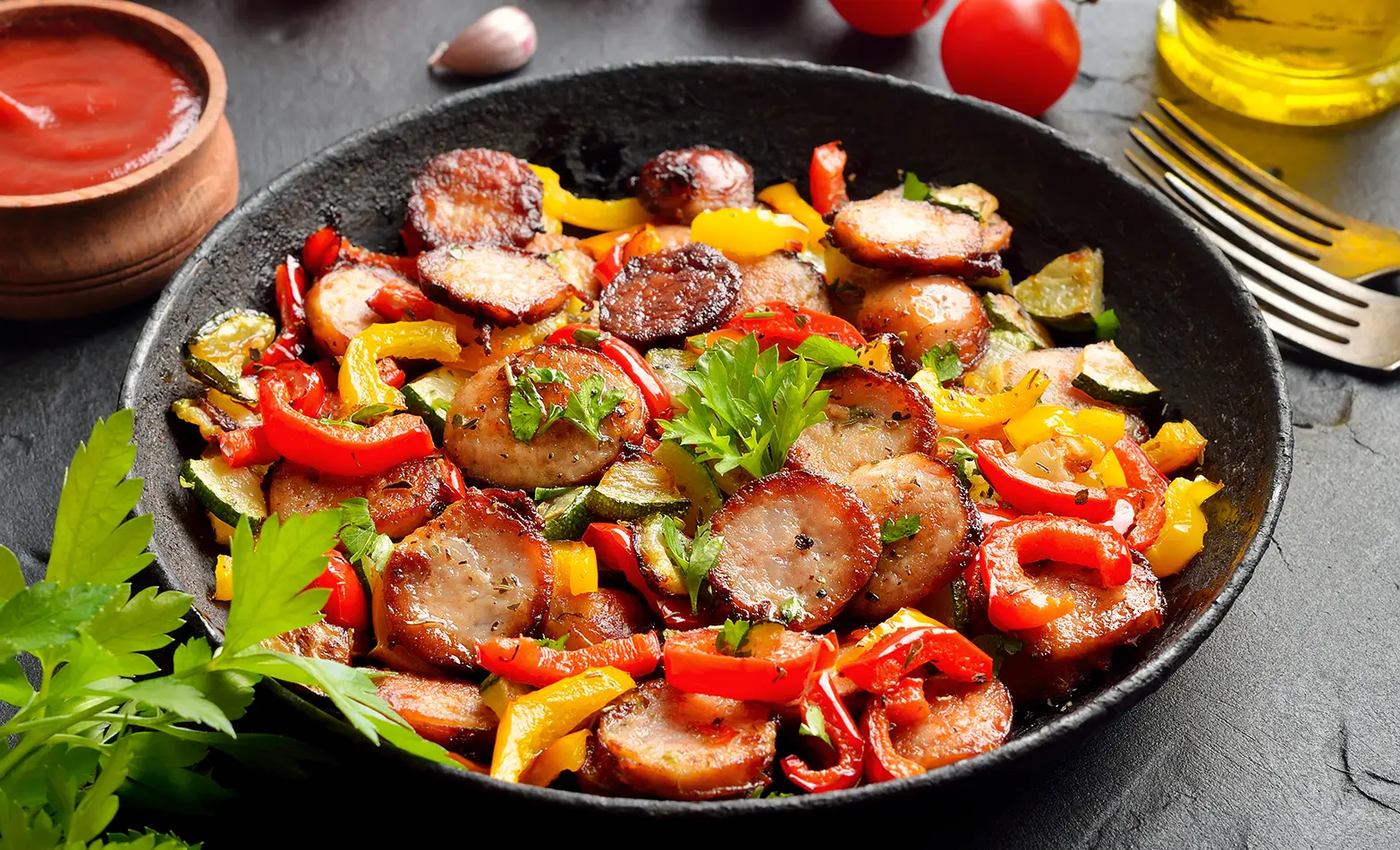 A plated sausage and veggie skillet