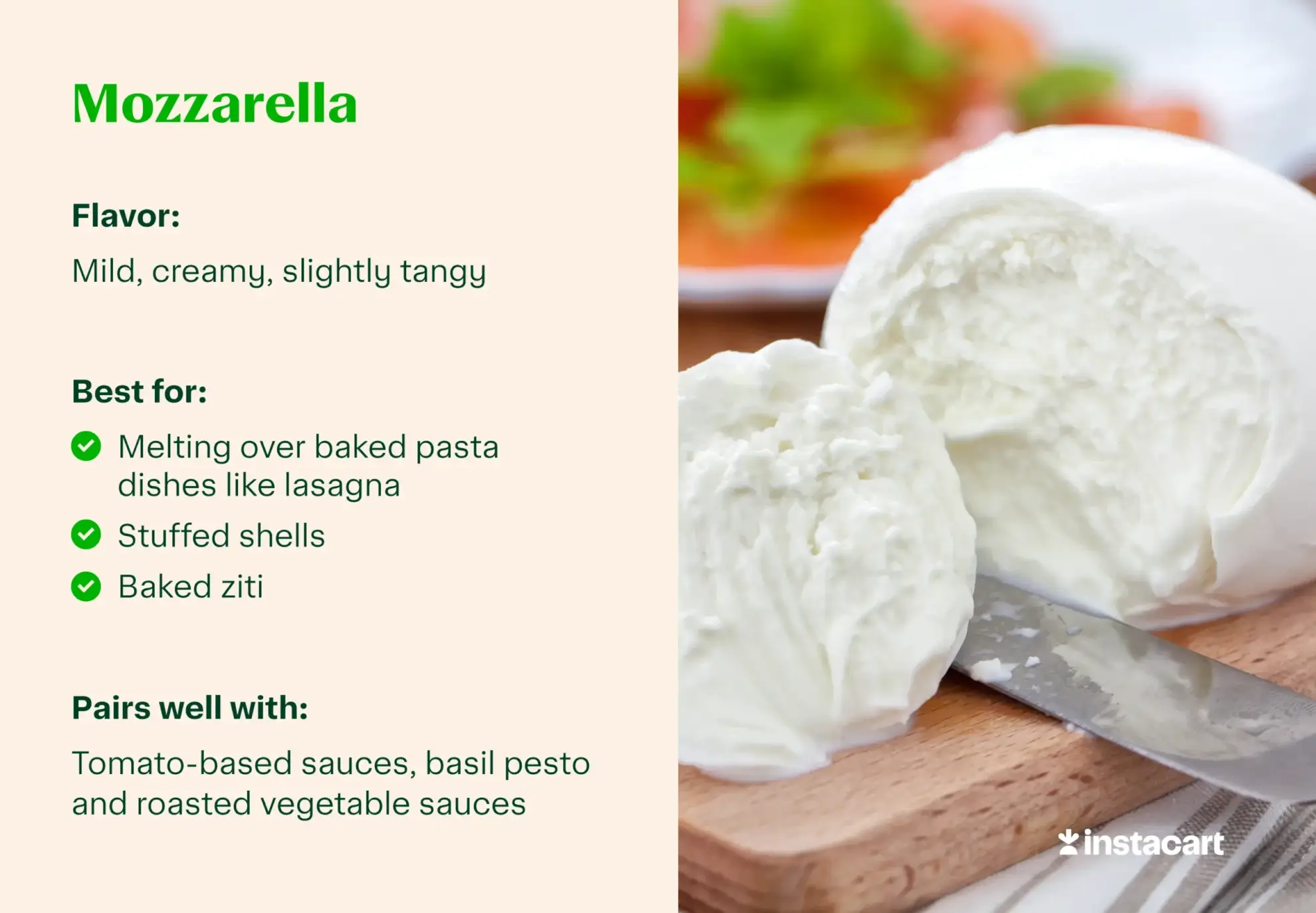 Mozzarella for pasta with flavor profile, best for and pairs well call outs.