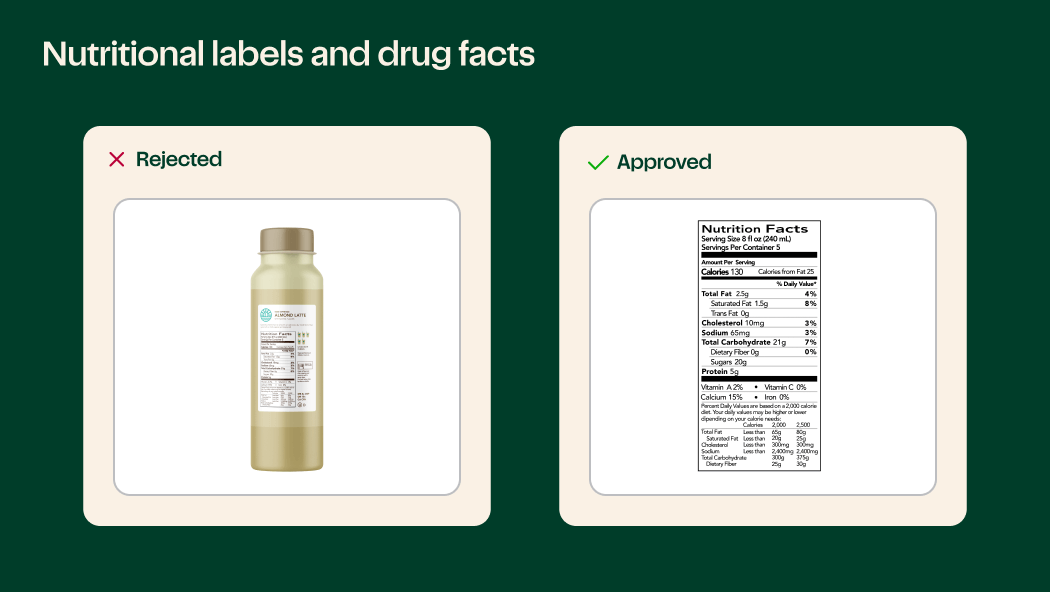 Example photo of a nutrition label on the product being rejected.