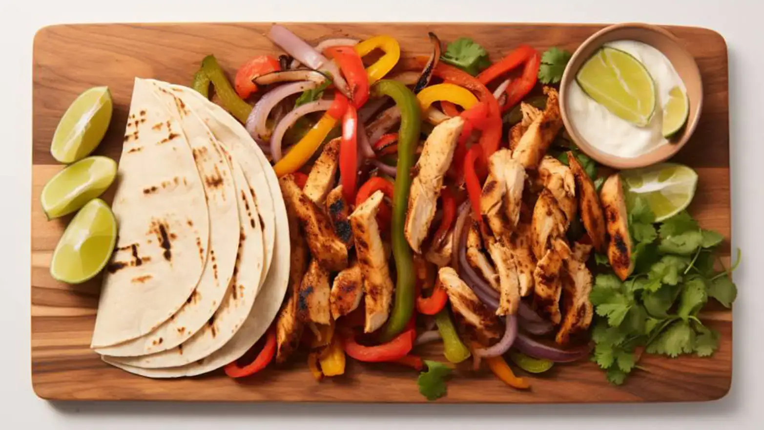 chicken fajitas with grilled veggies and tortillas