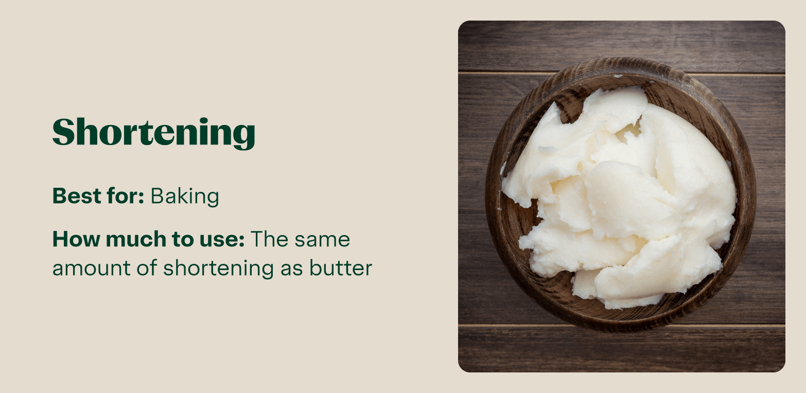 A bowl of shortening labeled for baking and as a butter substitute.