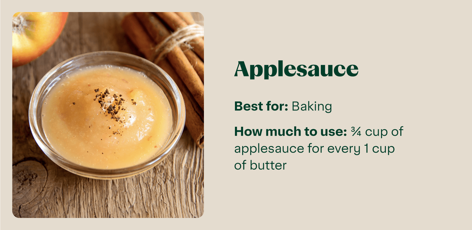 A glass bowl filled with applesauce sits next to cinnamon sticks. Text on the label says "applesauce is best for baking."
