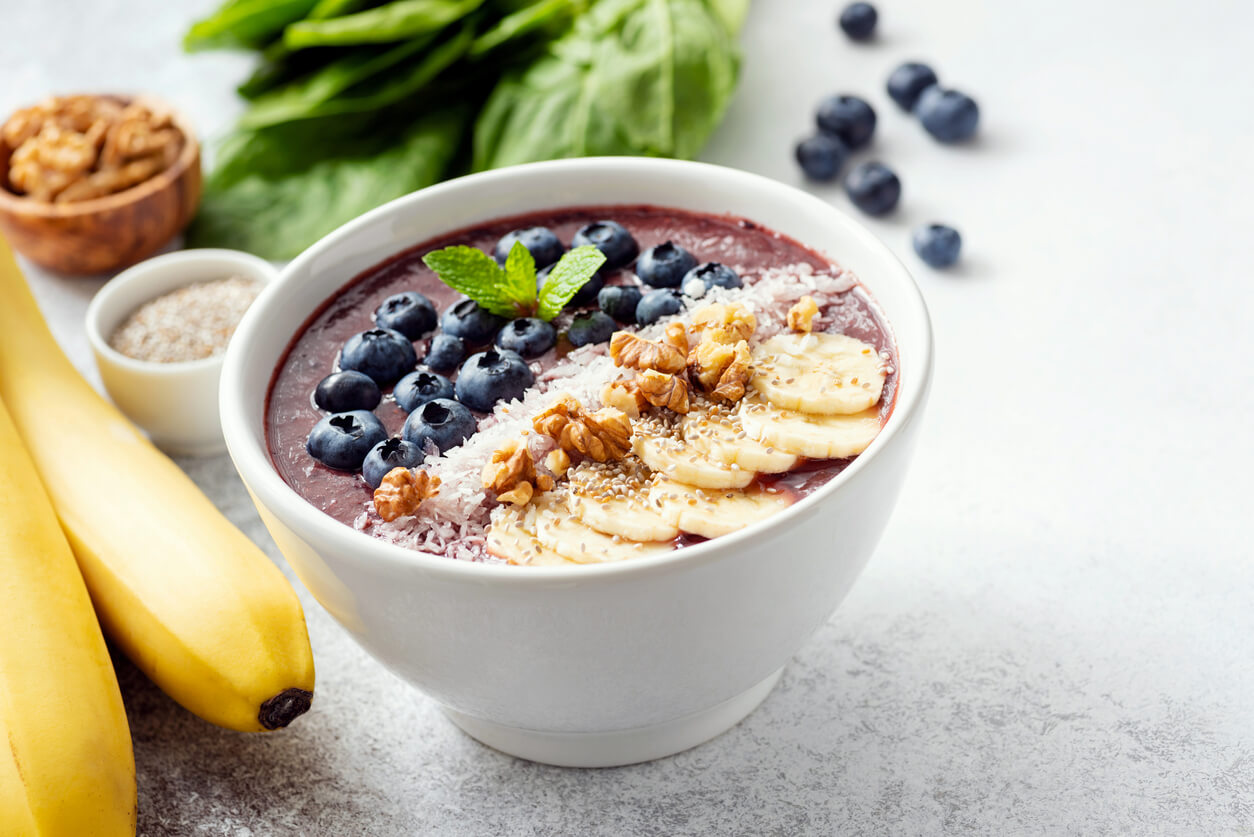 Acai smoothie bowl, superfood vegan breakfast
