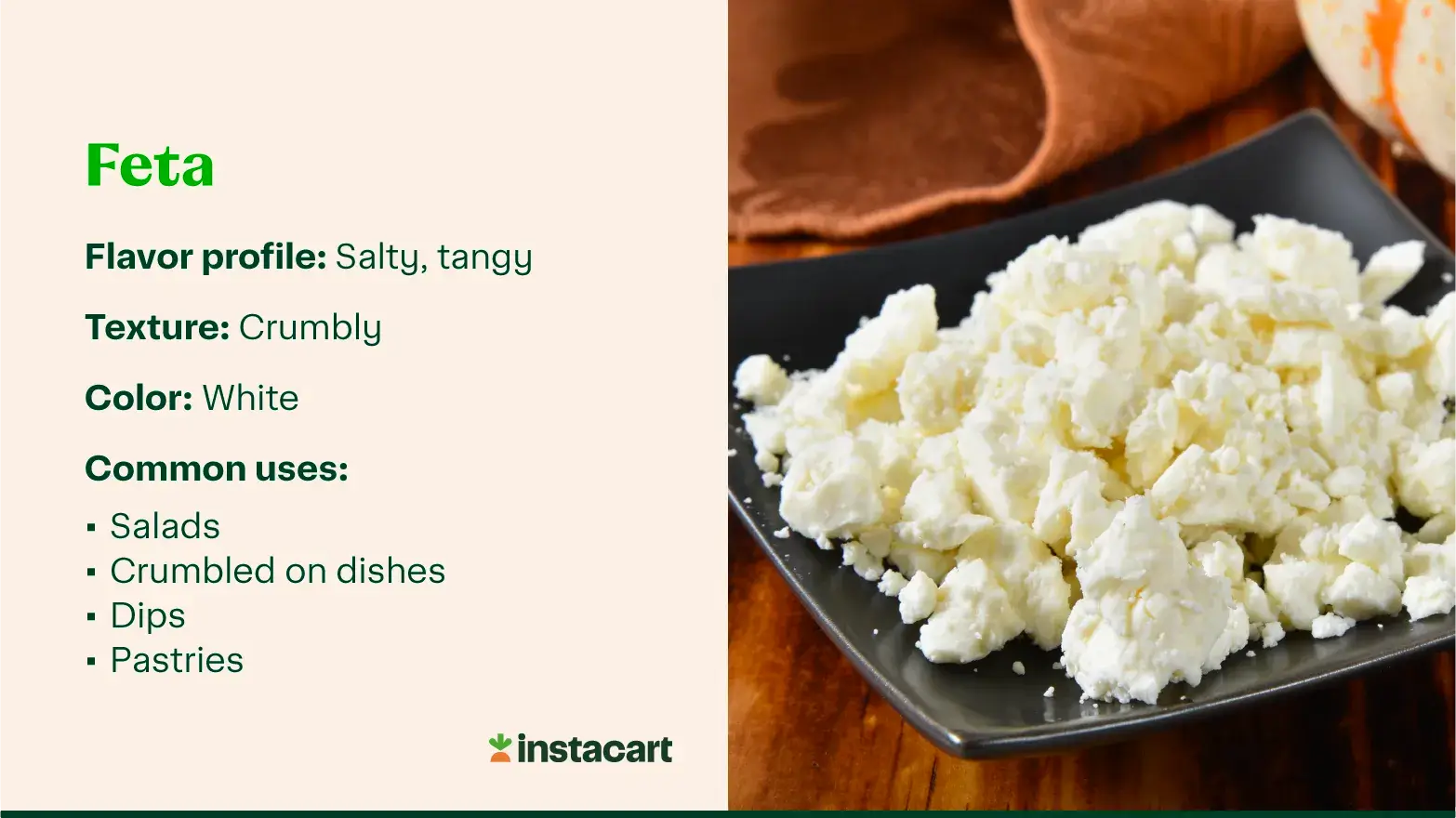 Crumbled feta cheese on a black plate, with text describing its flavor, texture, color, and common uses.