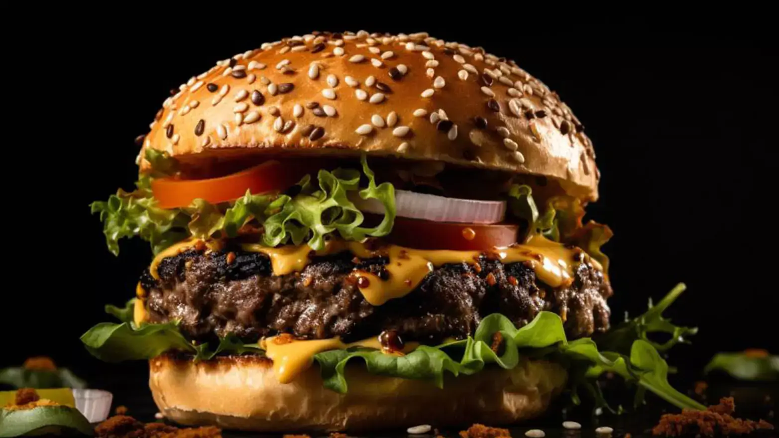 Two seeded hamburger buns sandwiching a beef patty, cheese, sliced tomatoes, sliced red onion, and lettuce