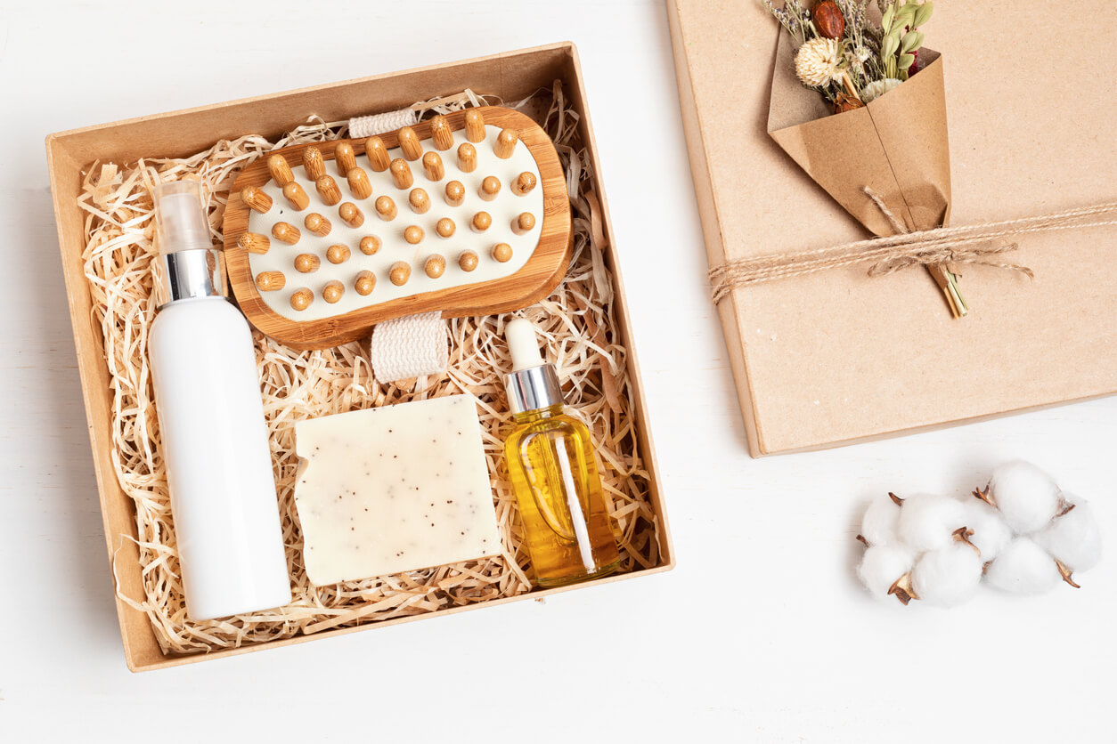 Refined gift basket with self care products.