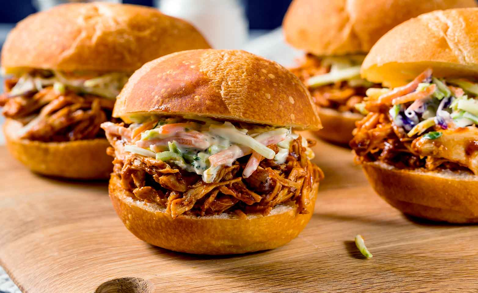 Stock image of pulled chicken sliders