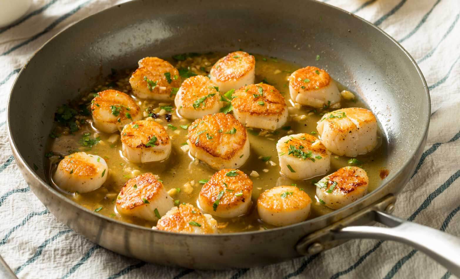 a stock photo of pan seared scallops