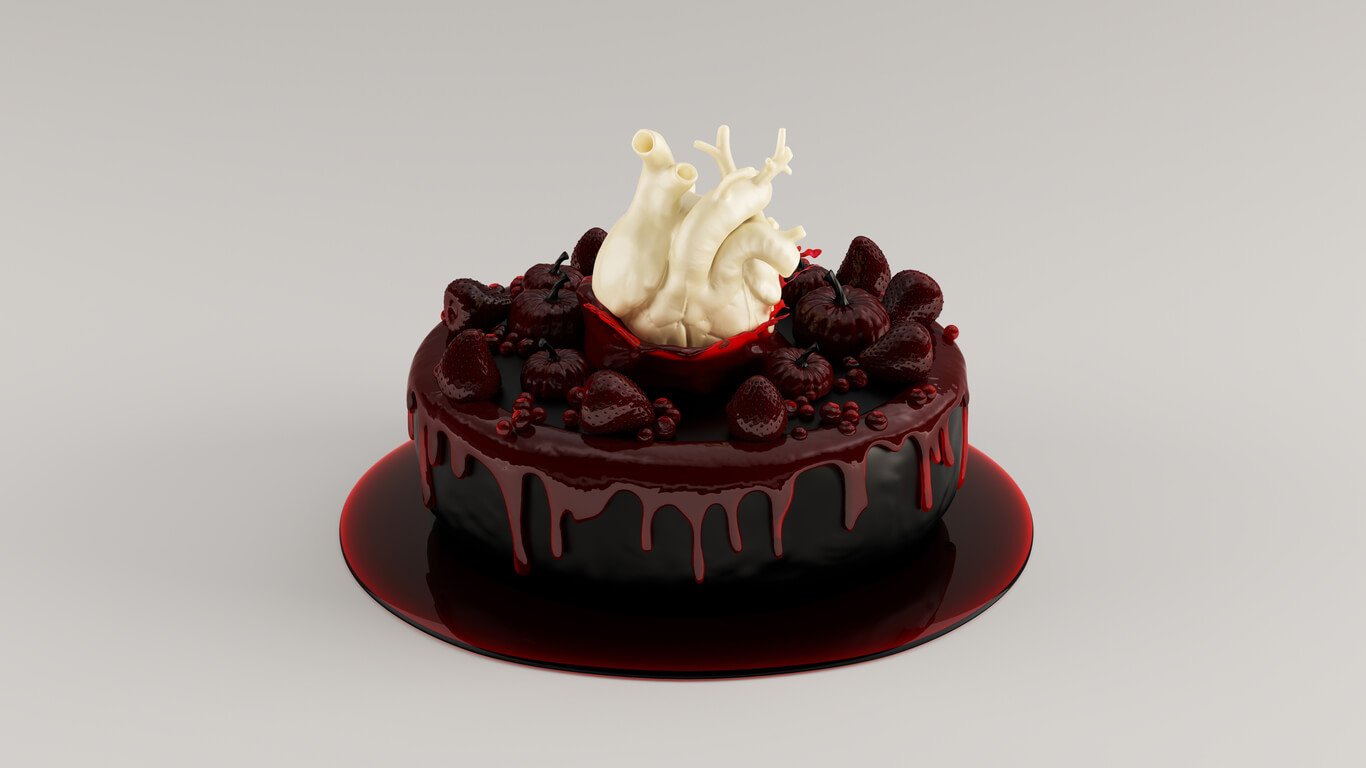 Black Decorated Halloween Cake with White Chocolate Heart and Blood Strawberry Sauce with Small Jam Fondant Strawberries Pumpkins and Berries Luxury Halloween Cake Confection