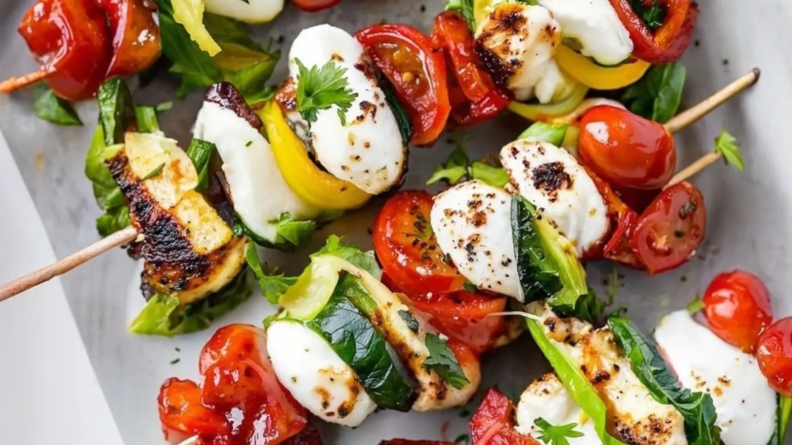A photo of caprese skewers with balsamic.