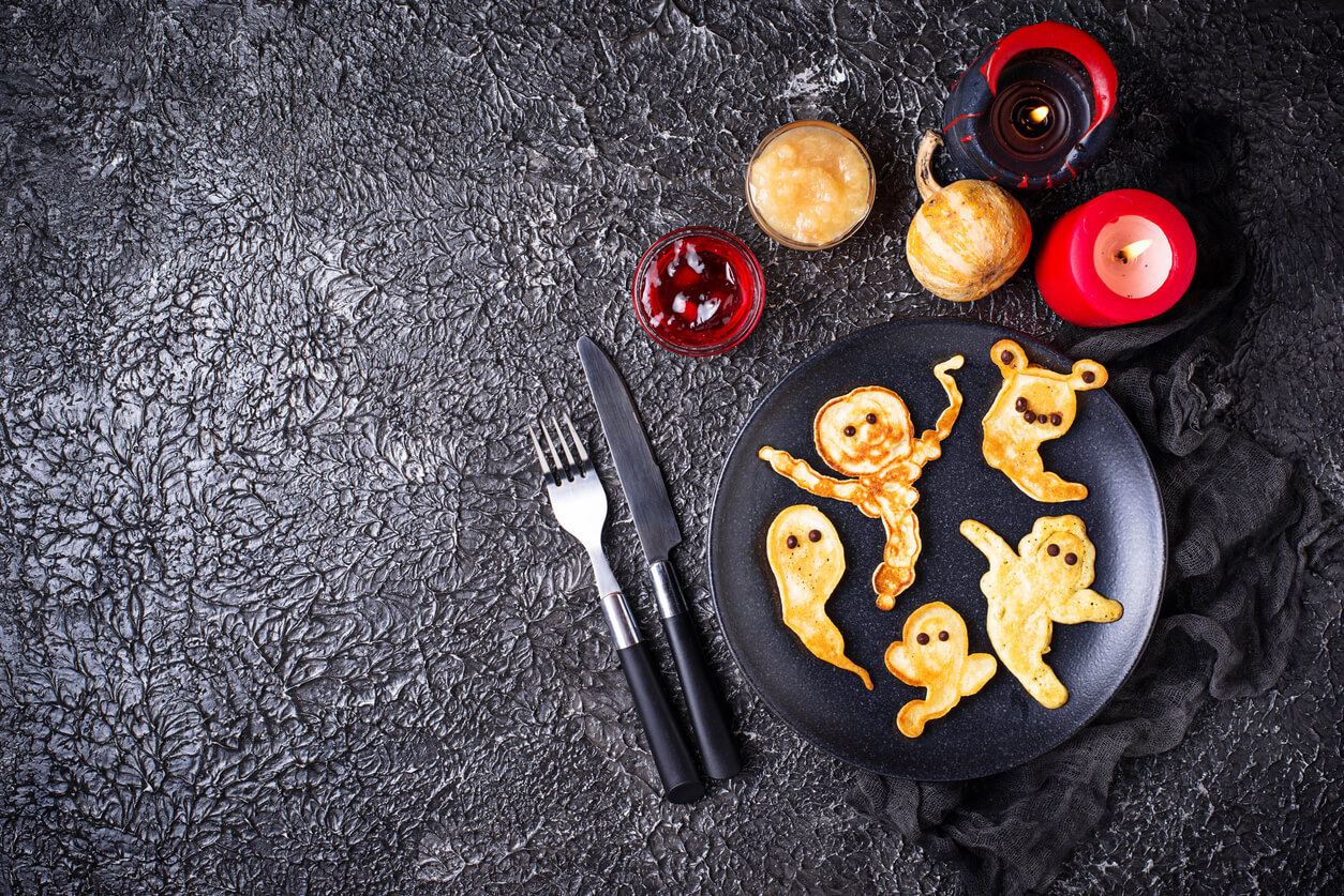 Halloween creative treat ghost pancakes. Food for children party