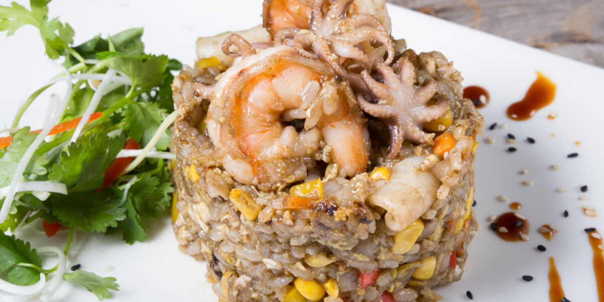 Plating with seafood and rice