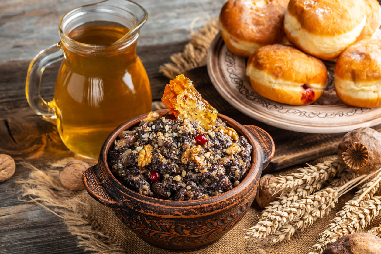 Kutia Boiled wheat porridge in a bowl. 