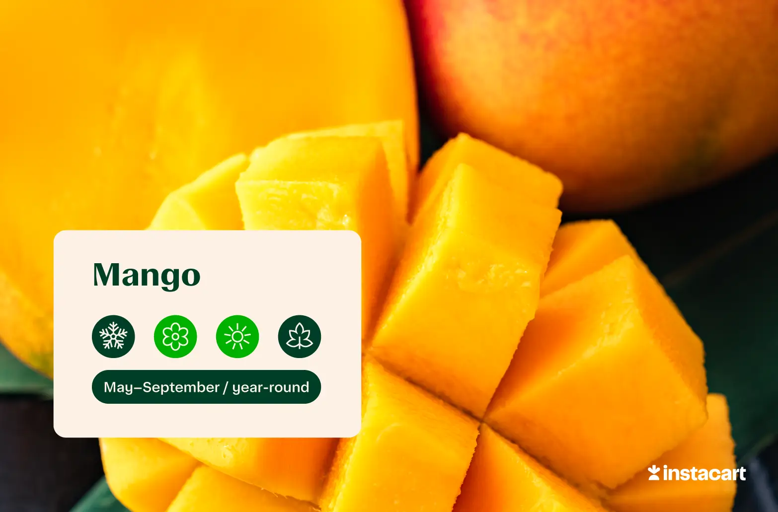 Two whole mangoes with three slices of mango sitting on a wooden surface.