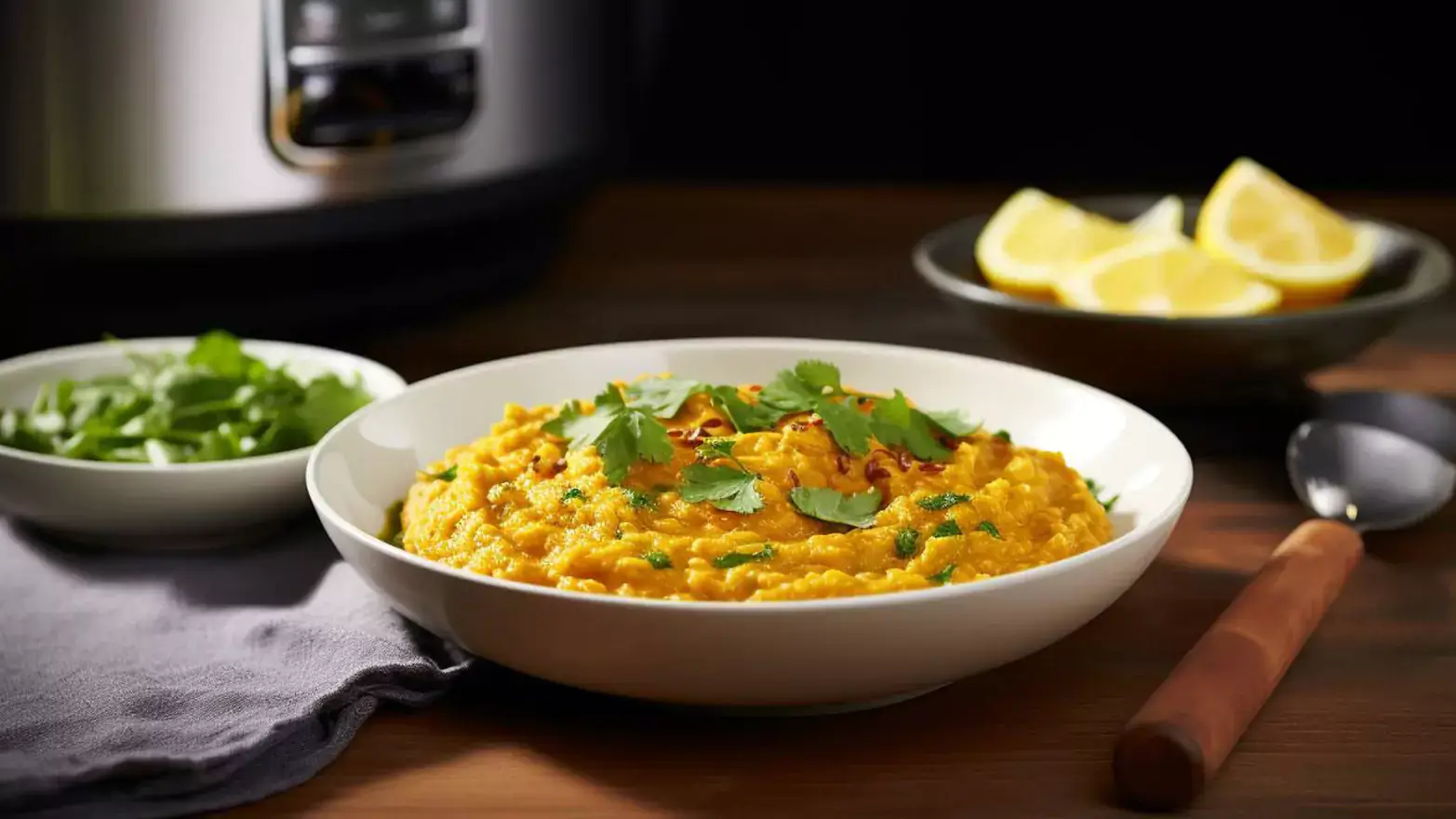 A white bowl filled with a soupy red lentil mixture topped with cilantro next to a bowl of lemon wedges, another bowl of herbs, and a slow cooker