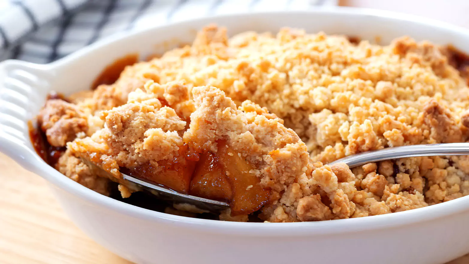 Apple crumble cake in a serving dish