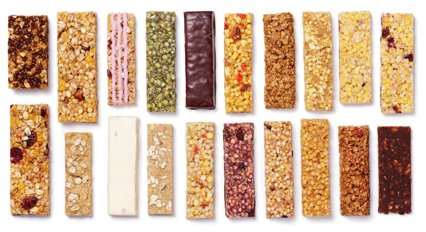 set of granola bars (muesli or cereal bar) isolated on white