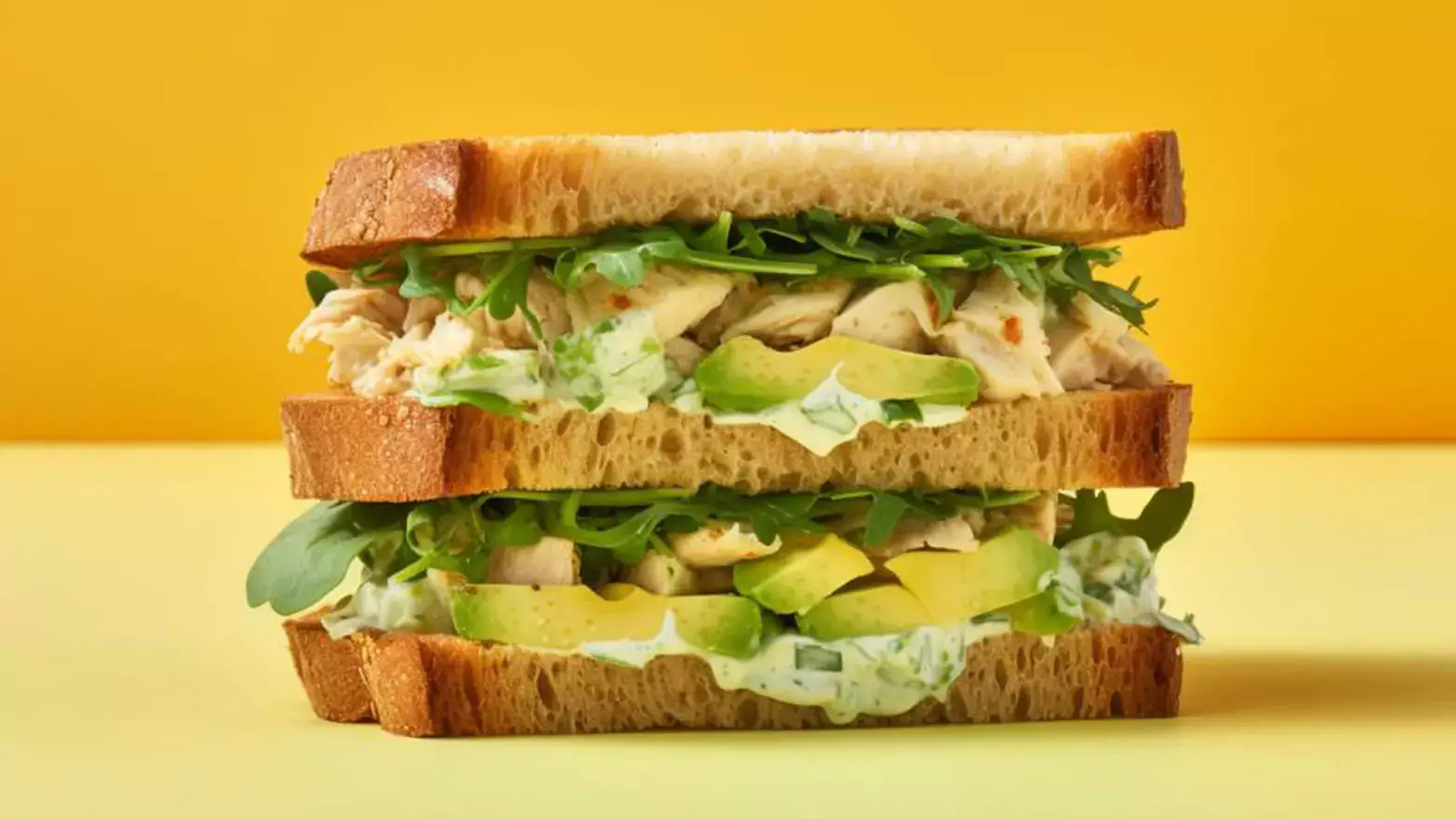 Sliced bread with chicken salad, avocado, and arugula against a yellow background
