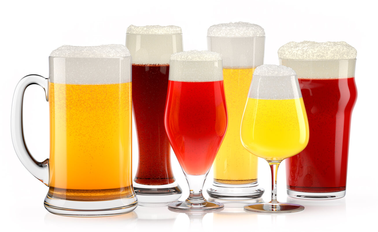 Set of fresh different beer glasses with bubble froth on white background.