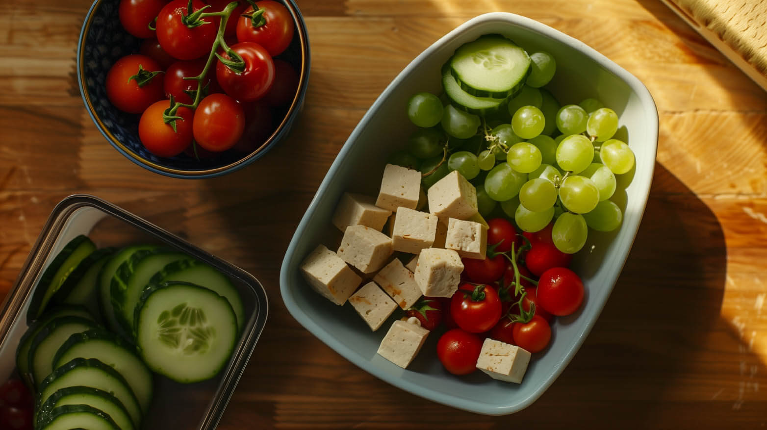 grape, cherry tomato, cucumber and tofu box 