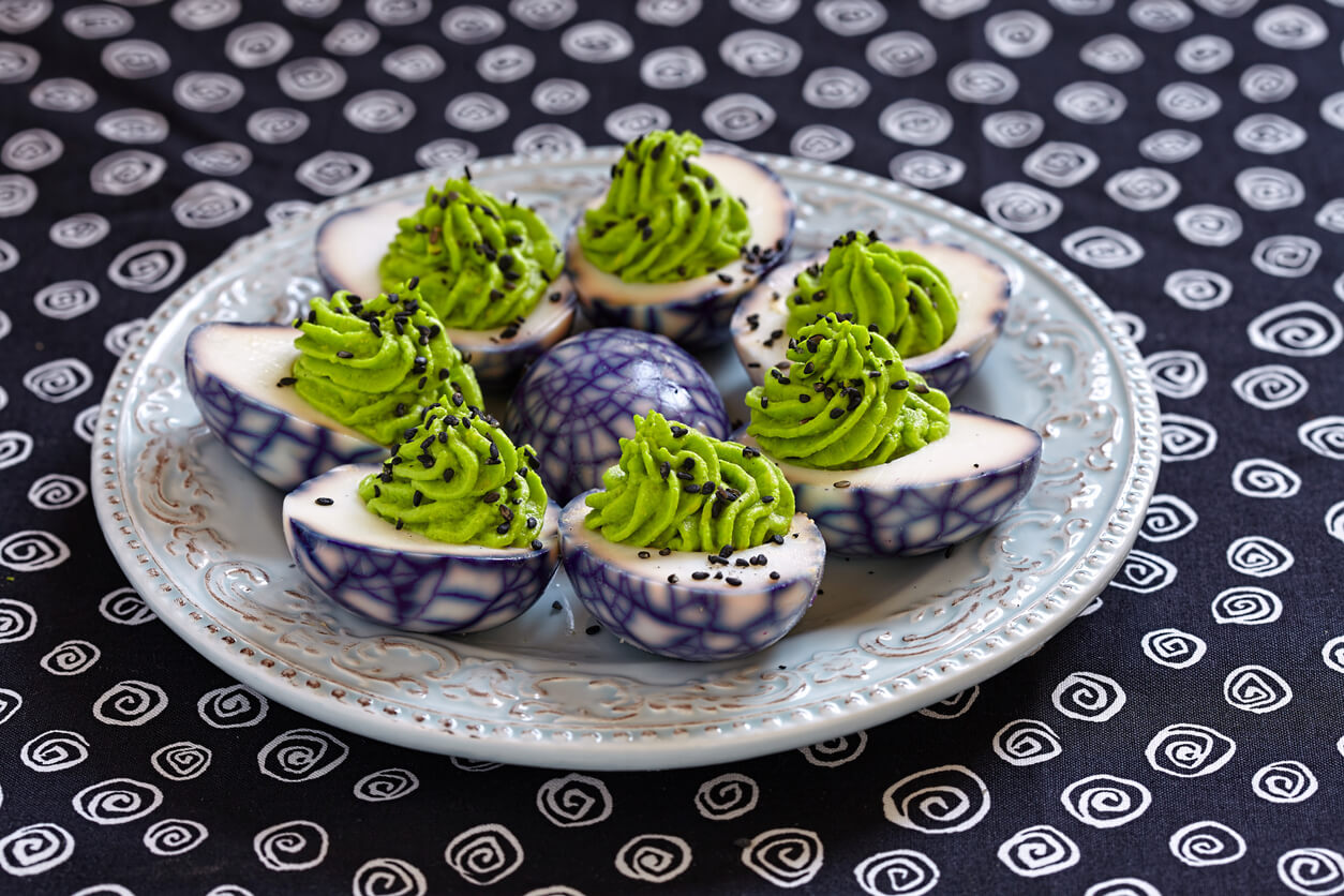 Avocado and Wasabi Deviled Spider web Eggs.