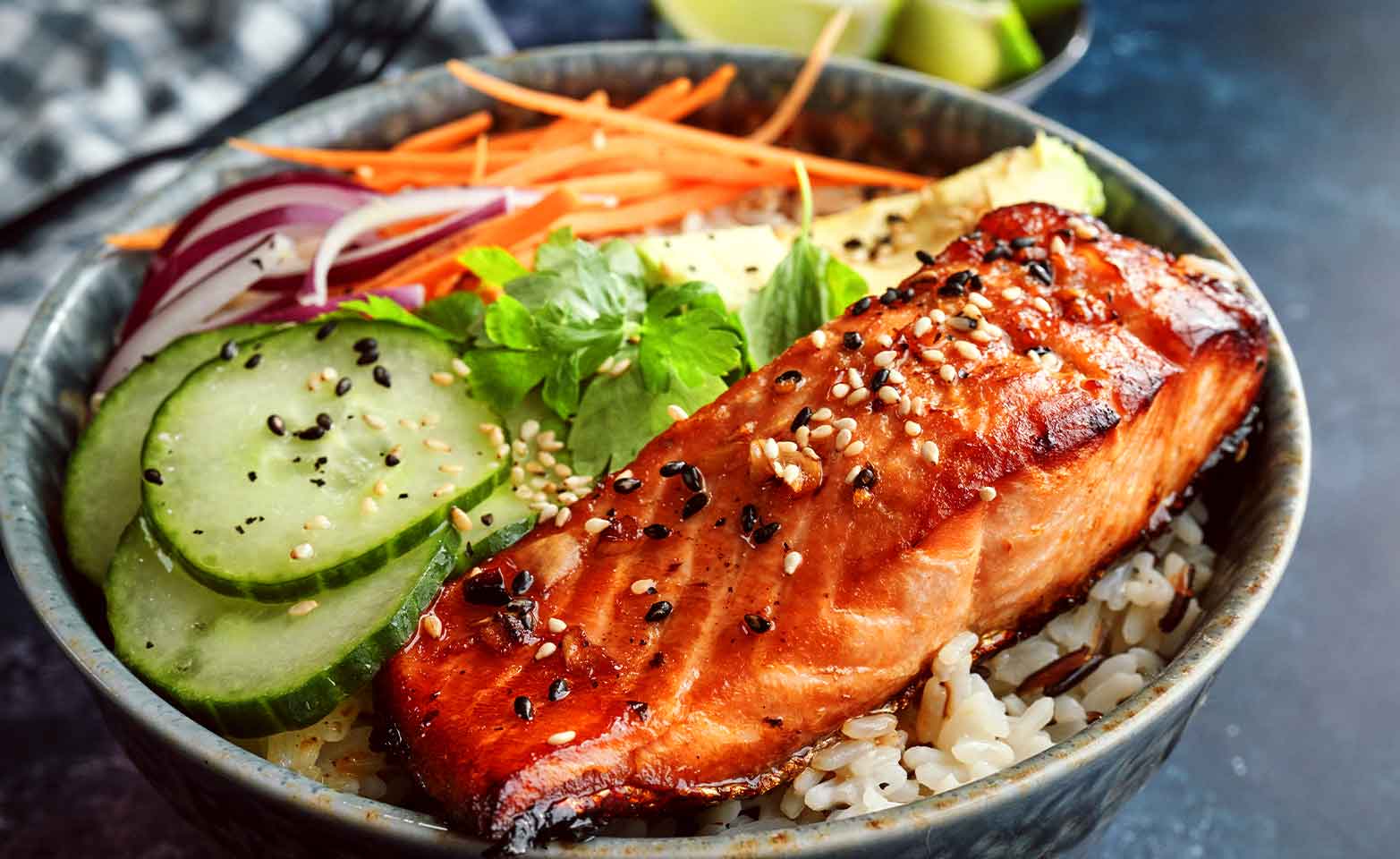 Stock image of salmon rice bowl