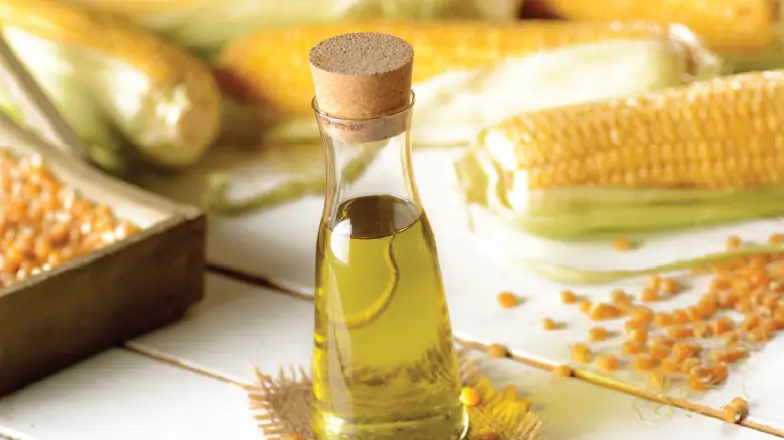 bottle of corn oil next to corn on the cob