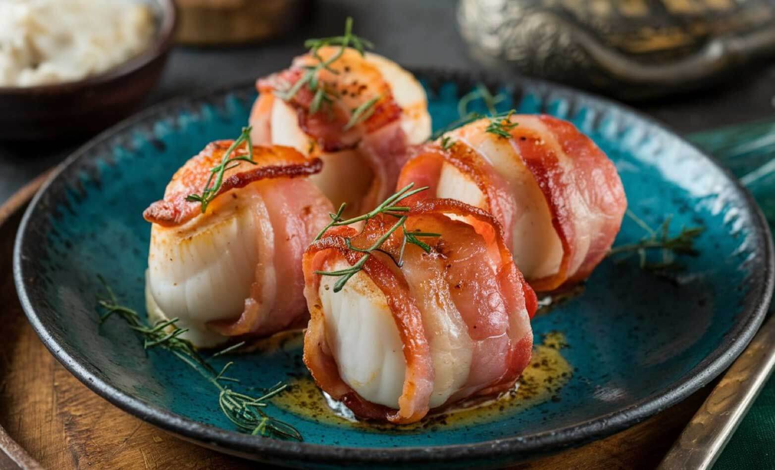 a stock photo of bacon wrapped scallops