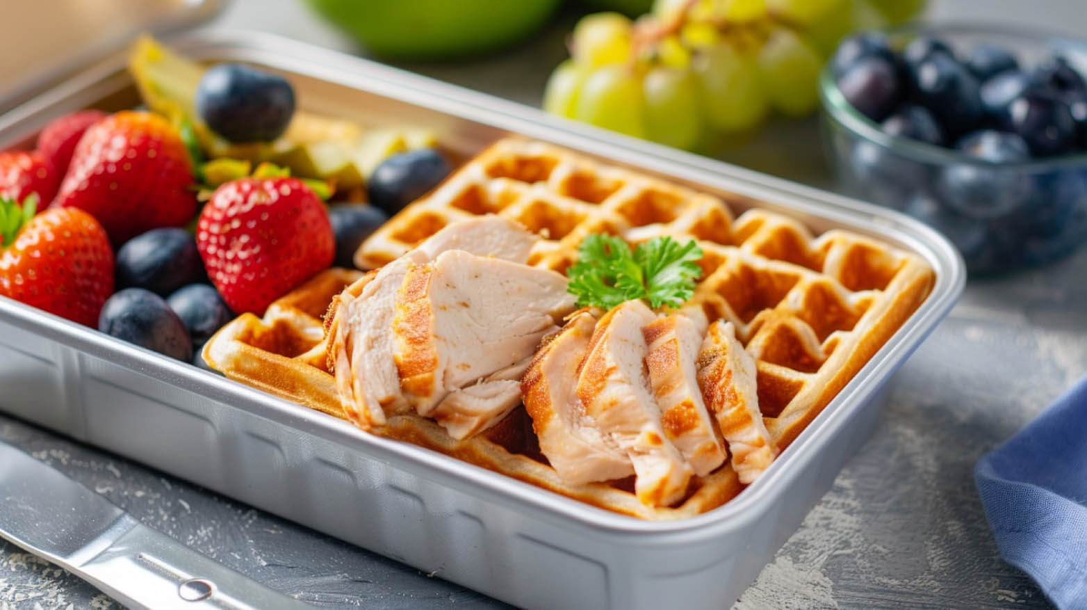 chicken waffle and fruit lunch