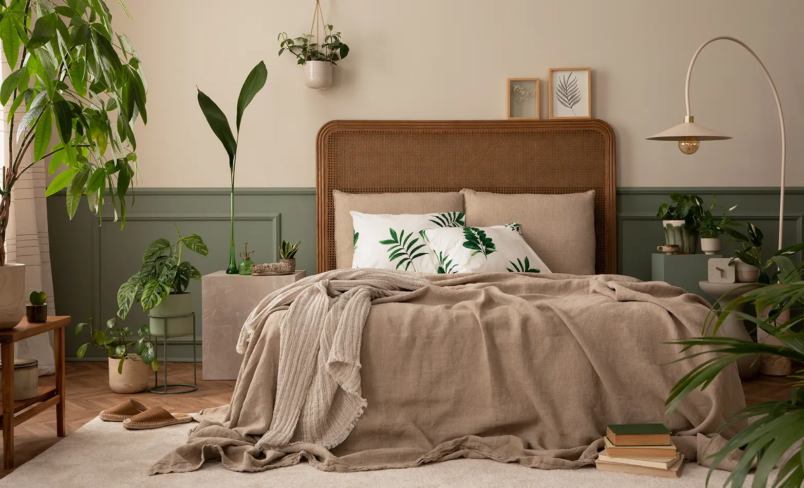 A photo of a redesigned bedroom in earth tones.