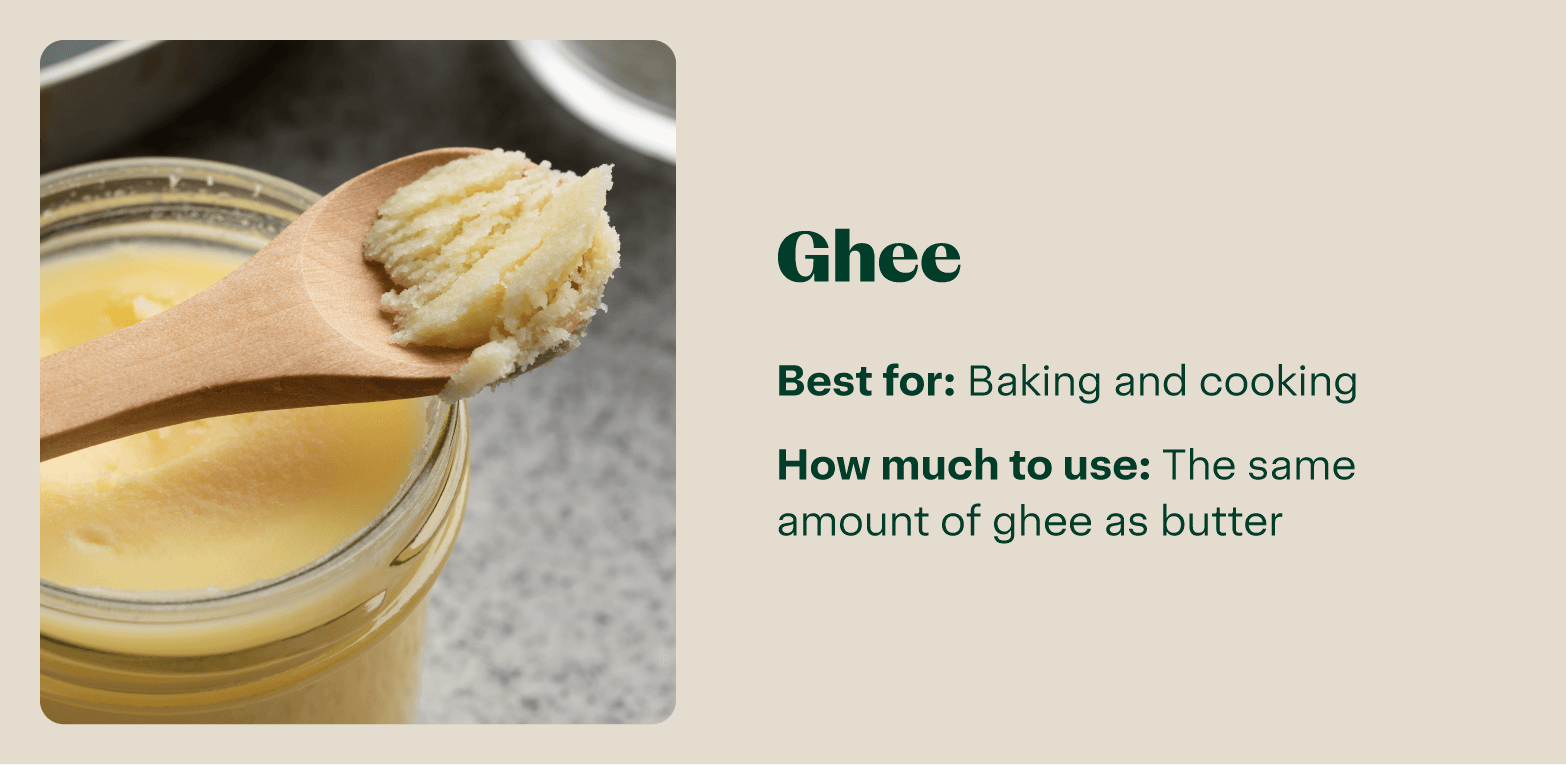 Ghee, a butter substitute, is displayed in a container, labeled for baking and cooking and advising to use the same amount as butter.