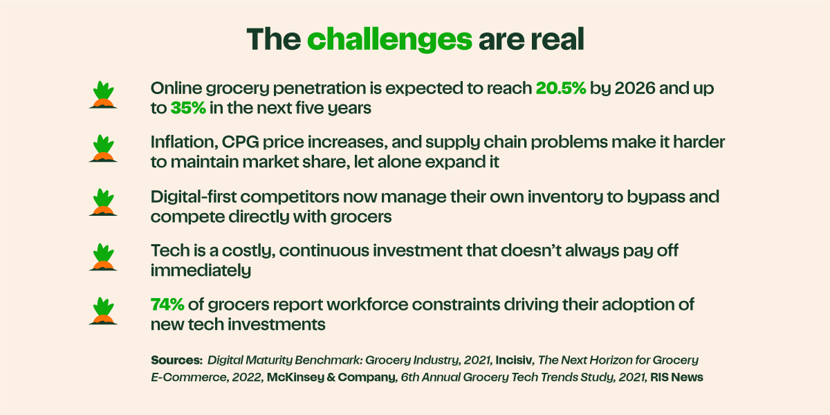 The challenges of online grocery are real: inflation, CPG price increases, and supply chain problems make it harder to maintain market share, let alone expand it.