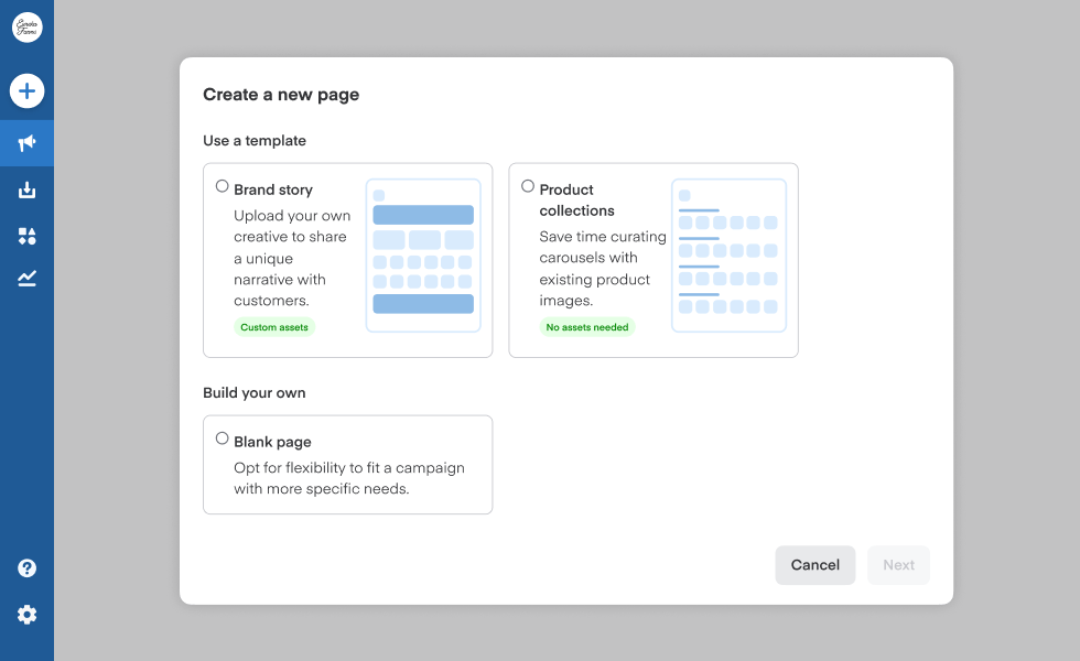 Image of Ads Manager showing the creation of a new page. You can select from Brand story or Product collections templates.