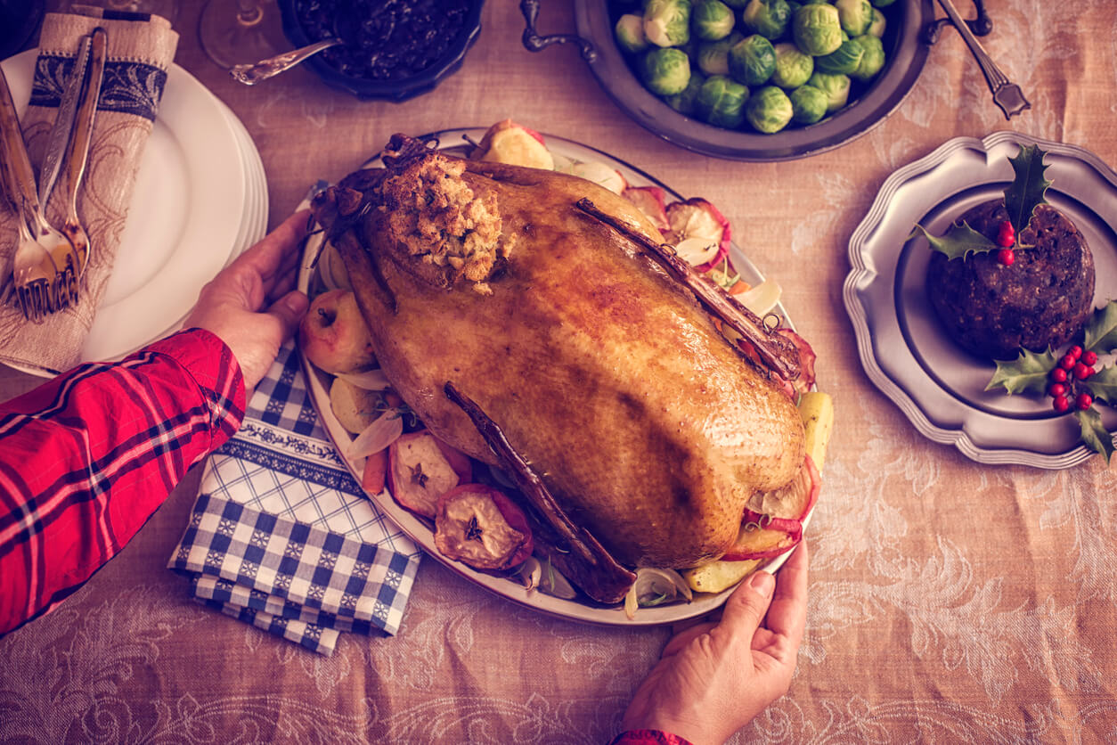 Traditional German Holiday Goose Dinner with Dumplings and Red Cabbage