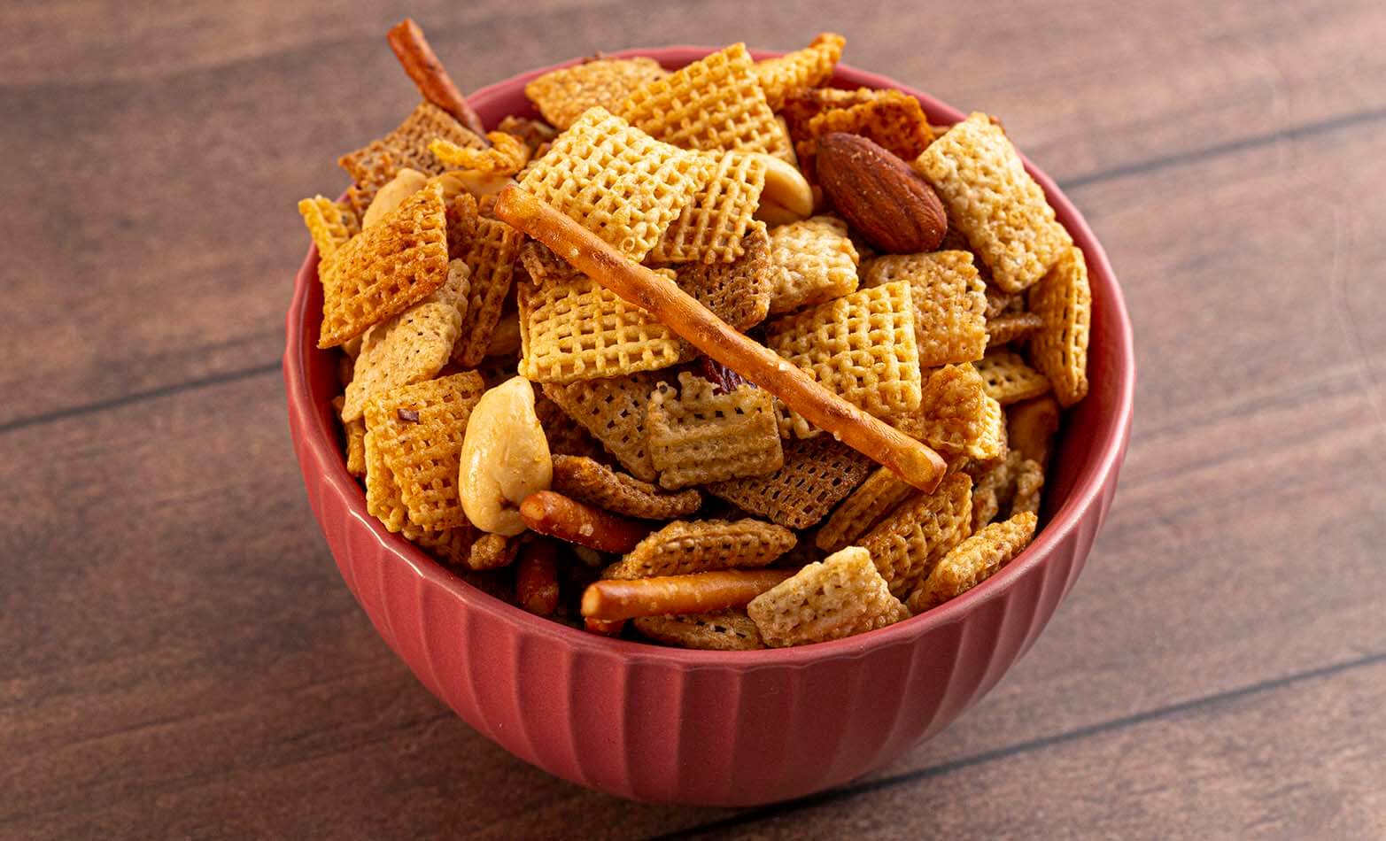 a bowl of crunchy snack mix
