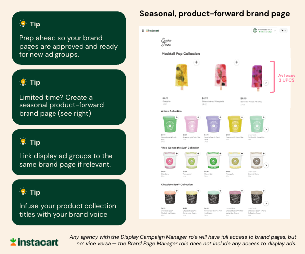 An example of a seasonal, product-forward brand page for Eureka Farms ice cream, accompanied by four tips explaining best practices for setting up your brand page and display campaigns.