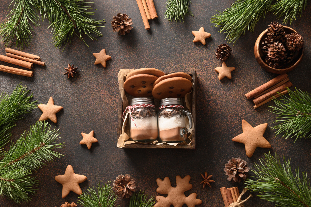 Homemade edible Christmas gift in glass jar for making chocolate drink.