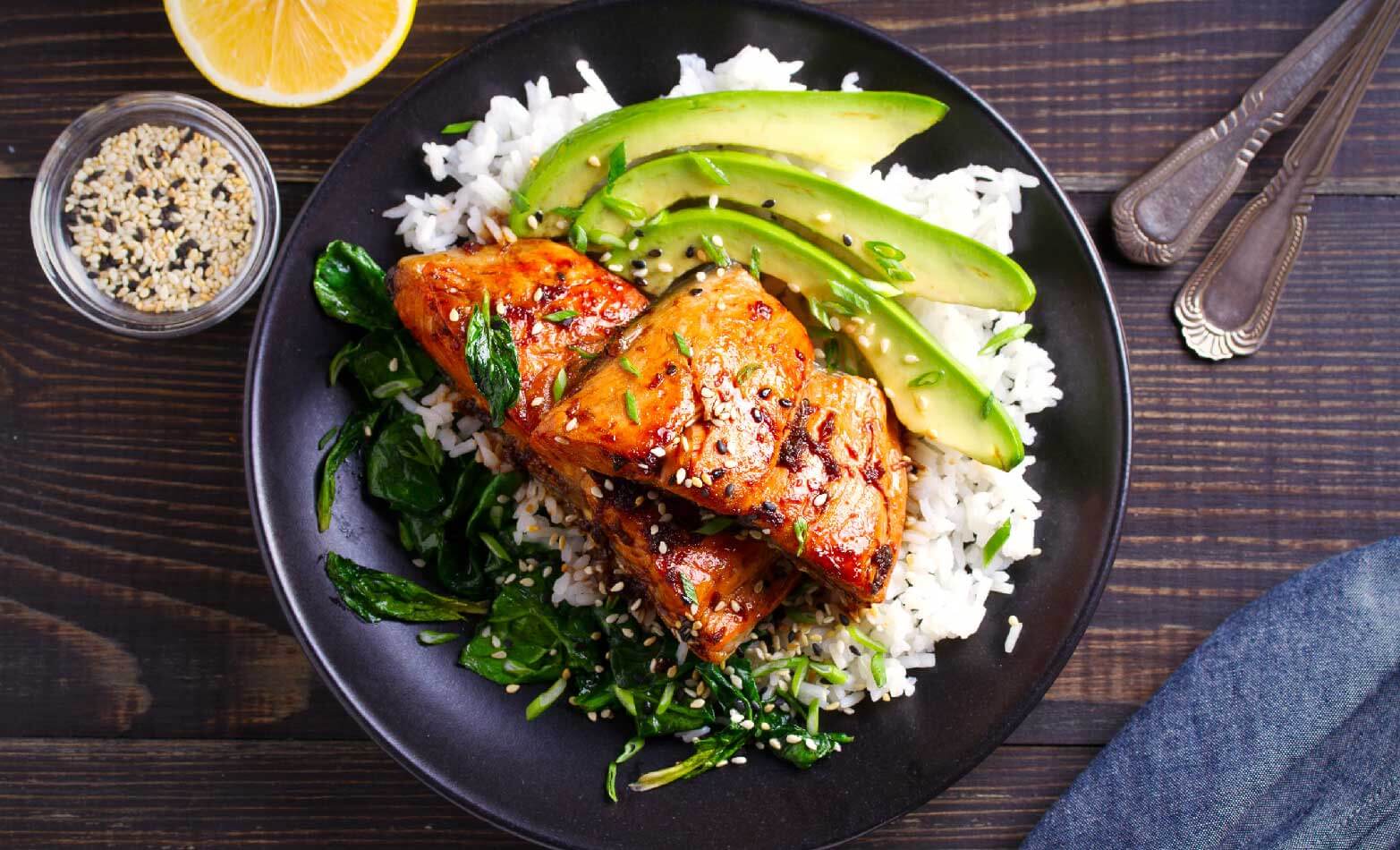 a stock photo of honey miso glazed salmon