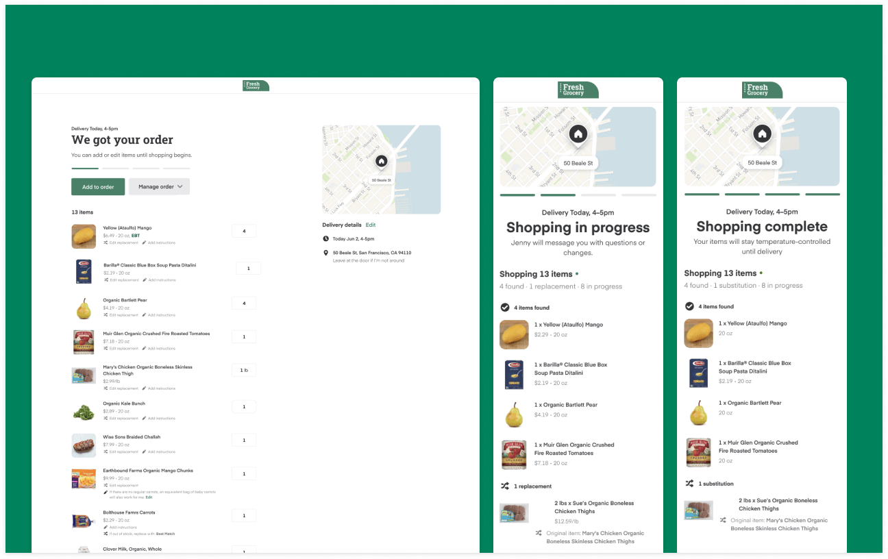 Visual of post-checkout order experience available to retailers to embed in their own branded sites.